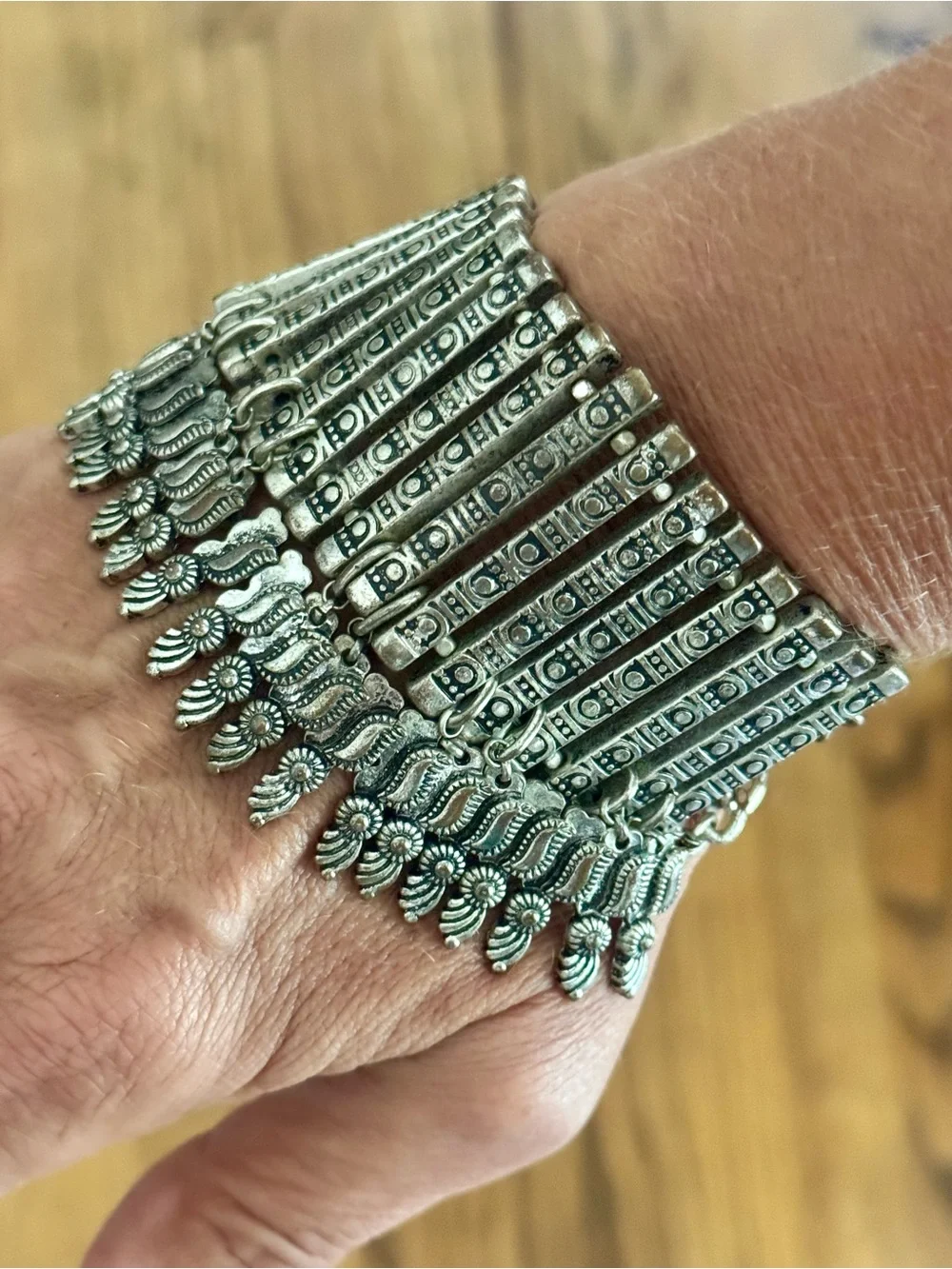 Ornate Silver Tone Wide Cuff Bracelet Boho Tribal Statement Fringe